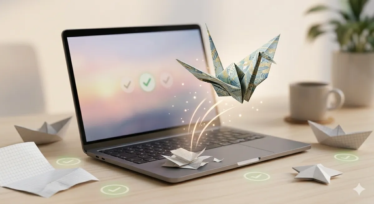 Origami-kurki lentää kannettavasta tietokoneesta