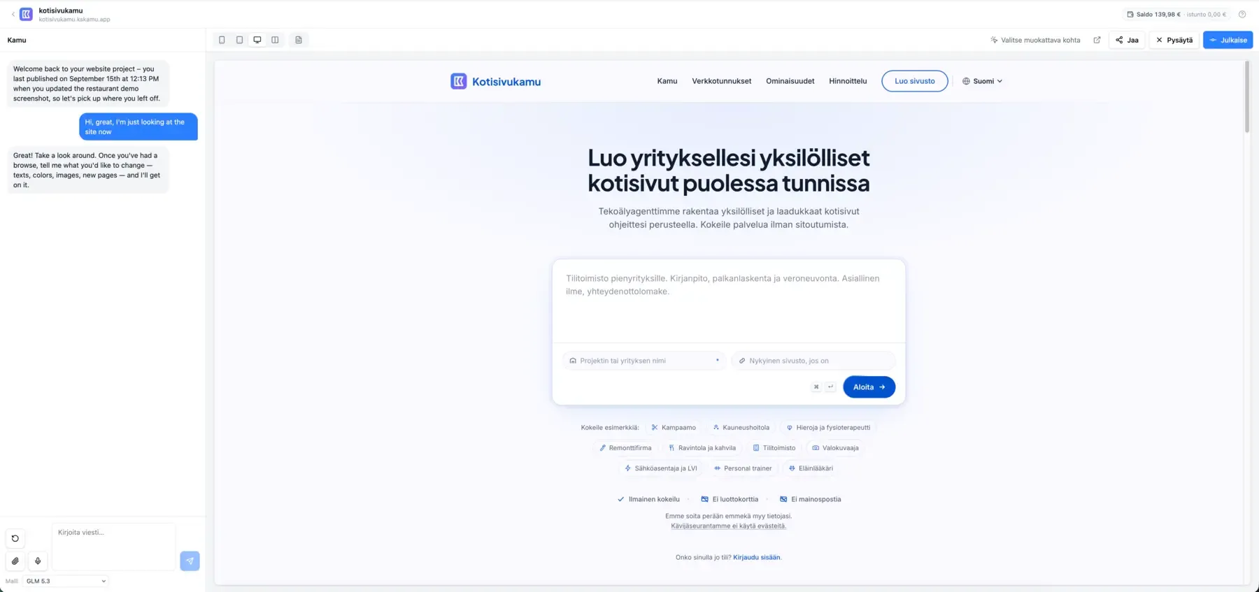 Sivusto auki Studion editorissa