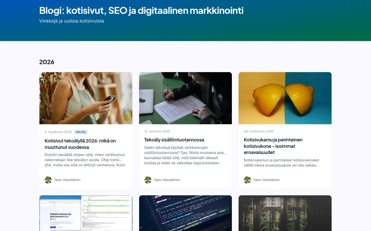 Artikkelilistaus, jossa jokaisesta artikkelista näkyy kuva, julkaisupäivä, aihetunniste, otsikko, ingressi ja kirjoittaja.