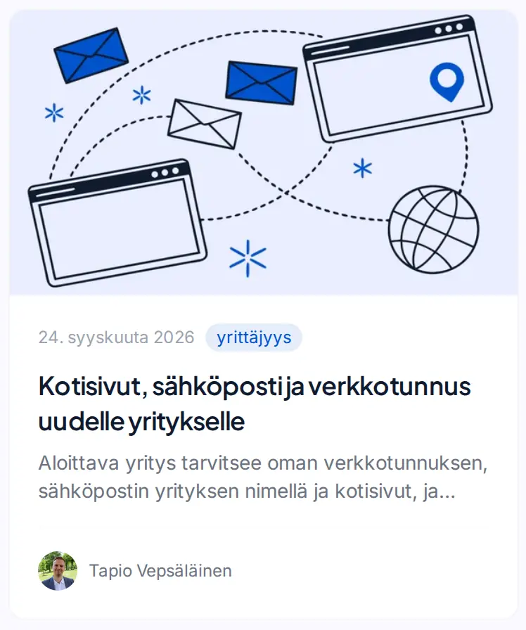 Artikkelin kortti blogin listauksessa: kuva, julkaisupäivä, aihetunniste, otsikko, lyhyt kuvaus ja kirjoittaja.