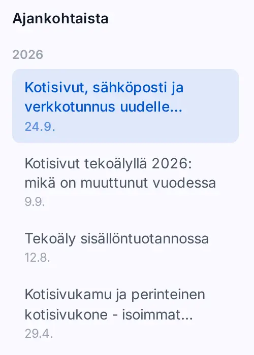 Blogin artikkelilista, jossa artikkelit ovat julkaisupäivän mukaan uusimmasta vanhimpaan.