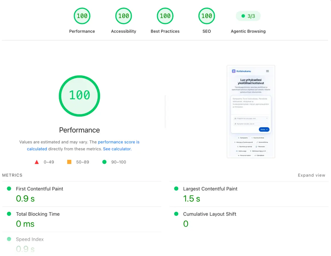 Googlen PageSpeed Insights -tulos kotisivukamu.fi:lle mobiilissa: suorituskyky, saavutettavuus, parhaat käytännöt ja hakukoneoptimointi 100/100.